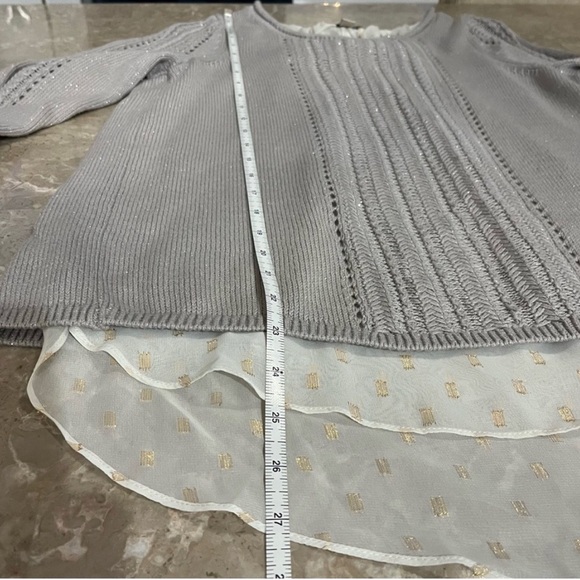 LUCKY BRAND Split Open Back Sweater Sheer Layered Knit Metallic Shimmer Boho S M - Picture 12 of 14